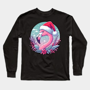 Tropical Christmas, flamingo with Santa hat Long Sleeve T-Shirt